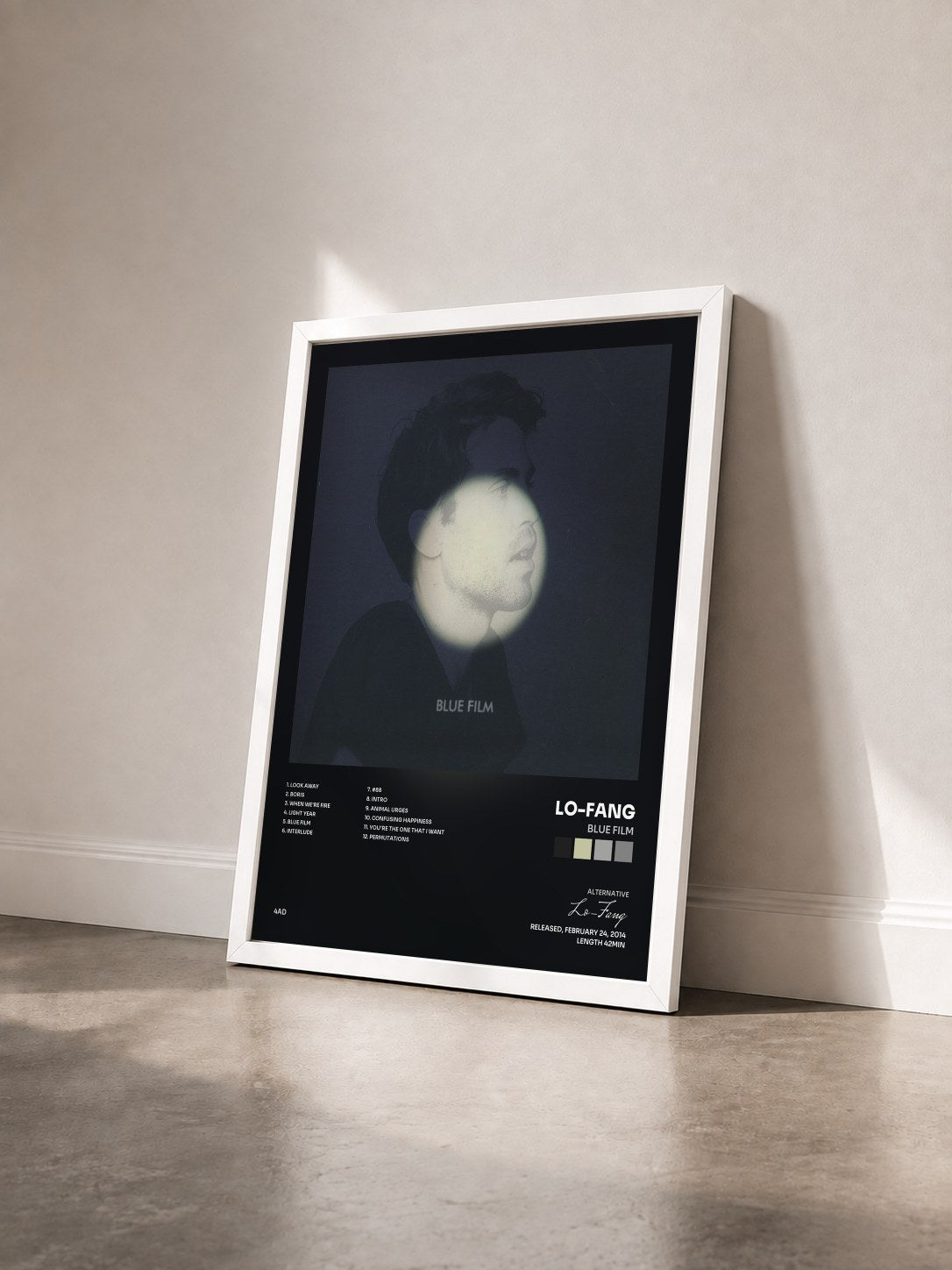 #blanc Tableau de l'album Blue Film de Lo-Fang vu de trois quarts, cadre blanc