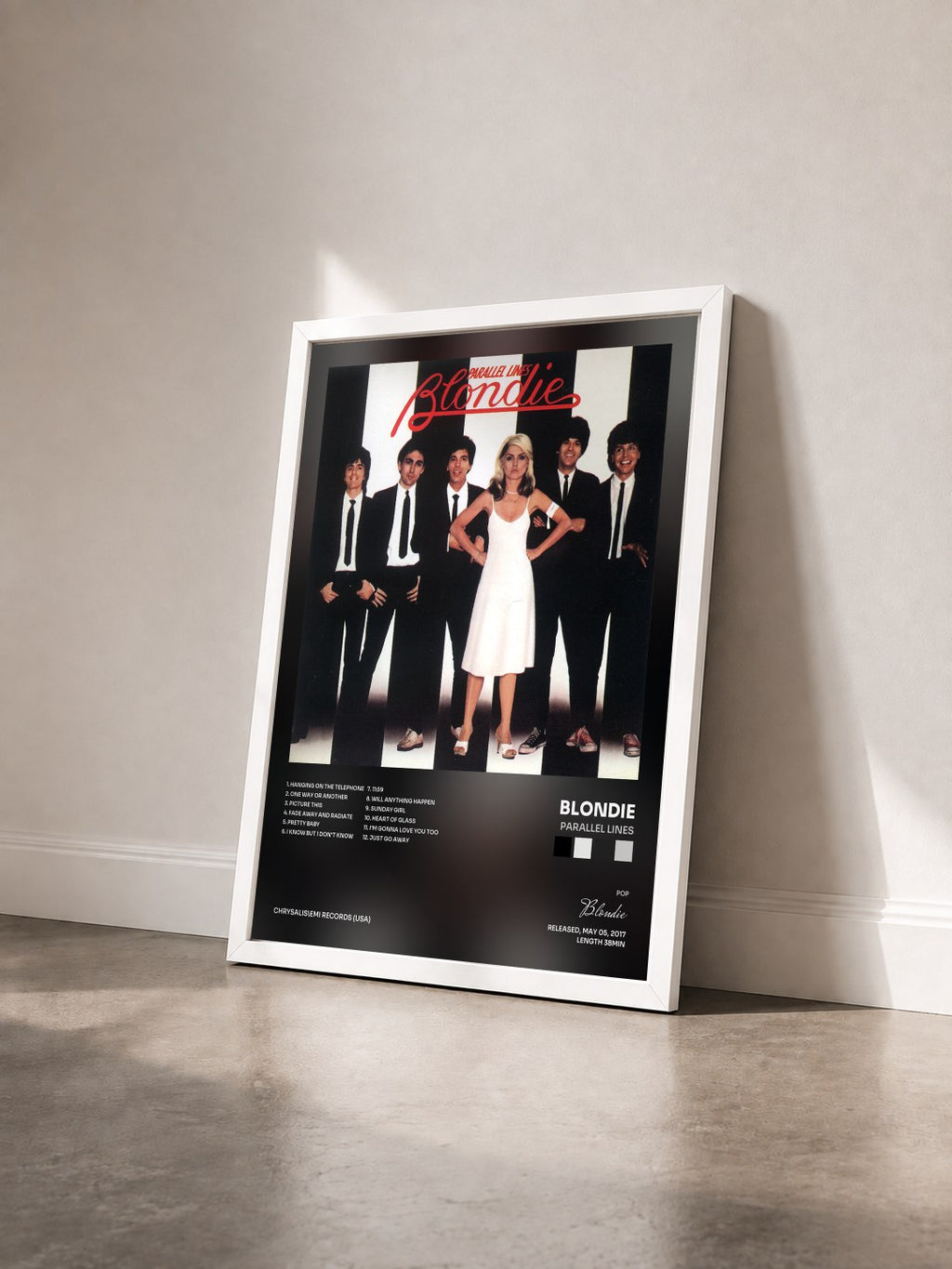 #blanc Tableau de l'album Parallel Lines de Blondie vu de trois quarts, cadre blanc