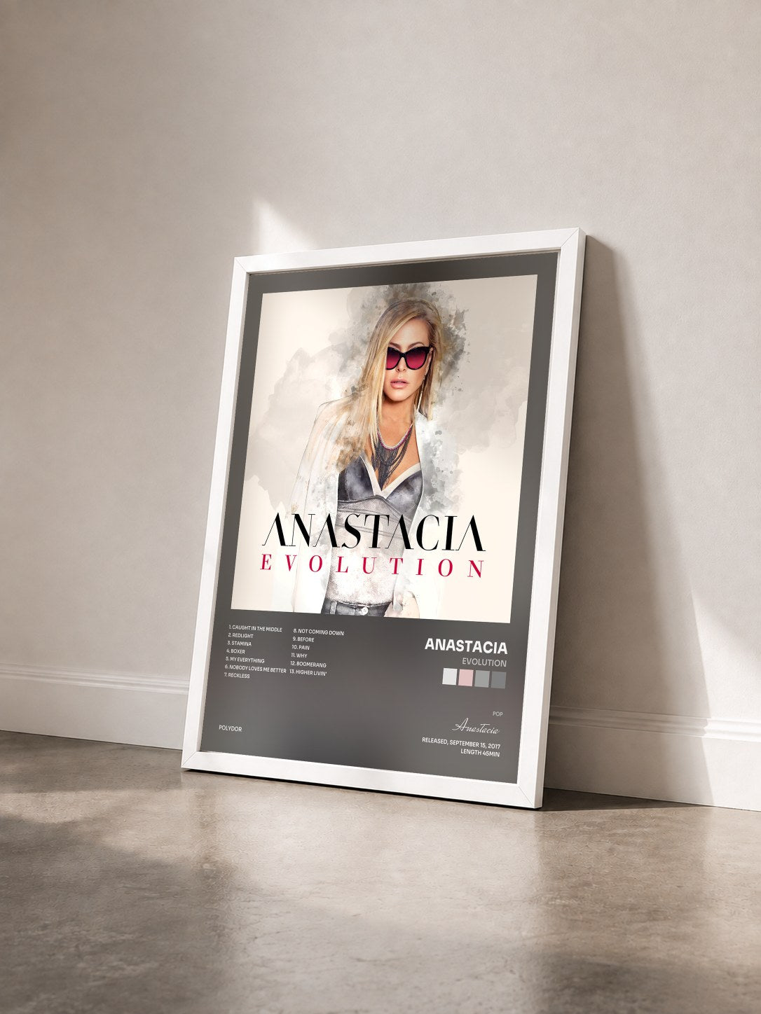 #blanc Tableau de l'album Evolution de Anastacia vu de trois quarts, cadre blanc