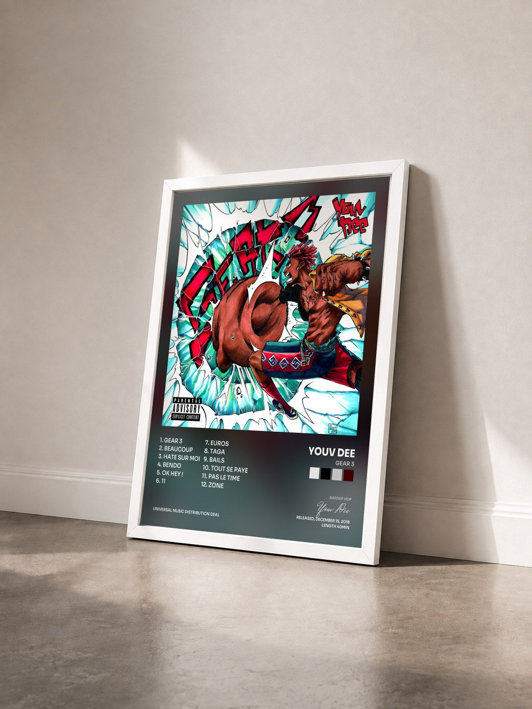#blanc Tableau de l'album Gear 3 de Youv Dee vu de trois quarts, cadre blanc