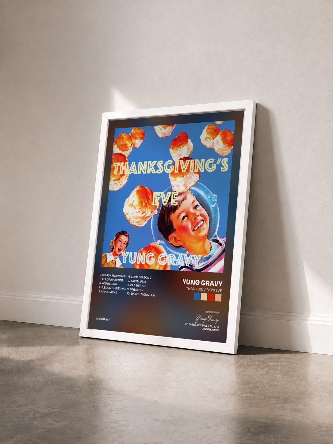 #blanc Tableau de l'album Thanksgiving's Eve de Yung Gravy vu de trois quarts, cadre blanc