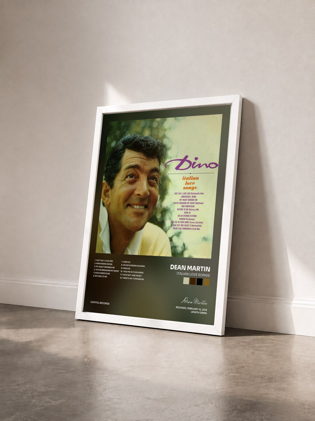 #blanc Tableau de l'album Italian Love Songs de Dean Martin vu de trois quarts, cadre blanc