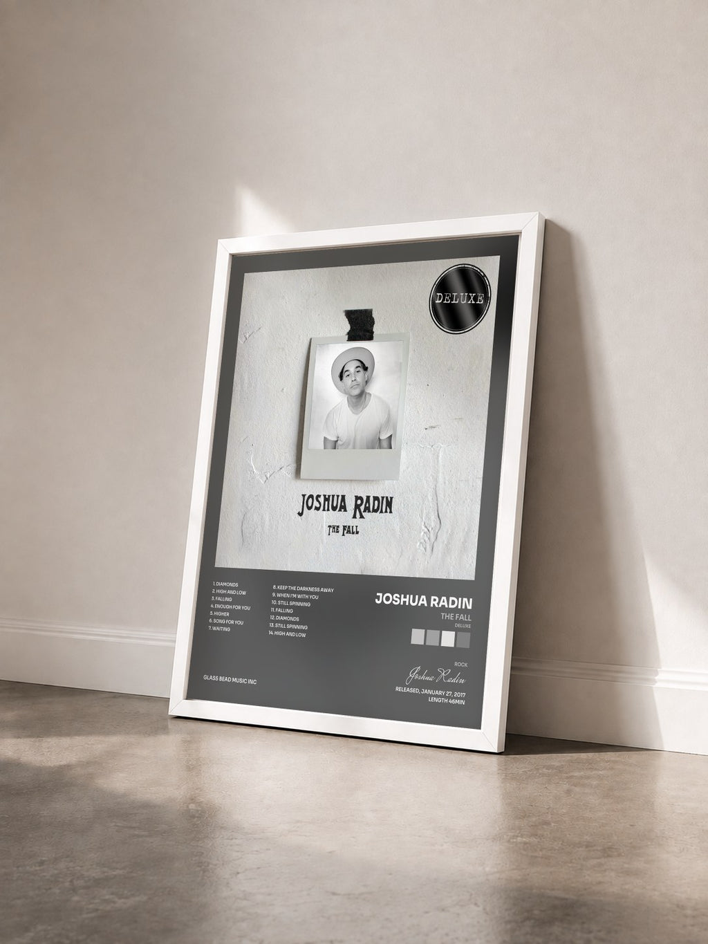 #blanc Tableau de l'album The Fall (Deluxe) de Joshua Radin vu de trois quarts, cadre blanc