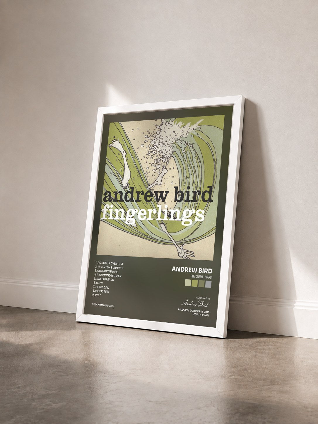 #blanc Tableau de l'album Fingerlings de Andrew Bird vu de trois quarts, cadre blanc
