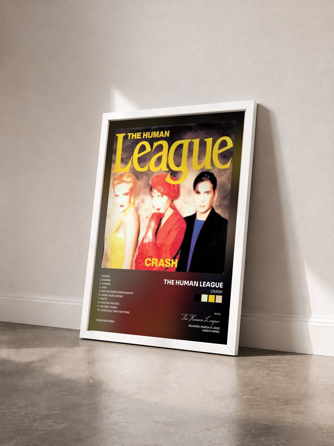 #blanc Tableau de l'album Crash de The Human League vu de trois quarts, cadre blanc