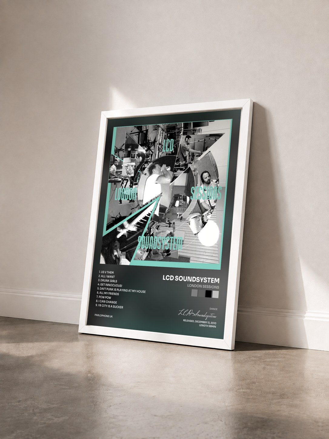 #blanc Tableau de l'album London Sessions de LCD Soundsystem vu de trois quarts, cadre blanc