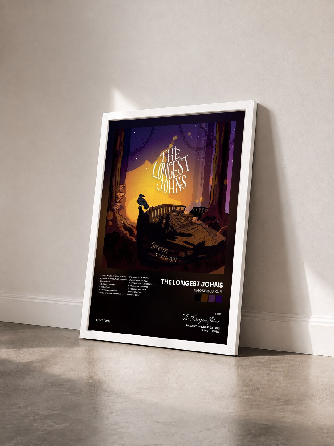 #blanc Tableau de l'album Smoke & Oakum de The Longest Johns vu de trois quarts, cadre blanc
