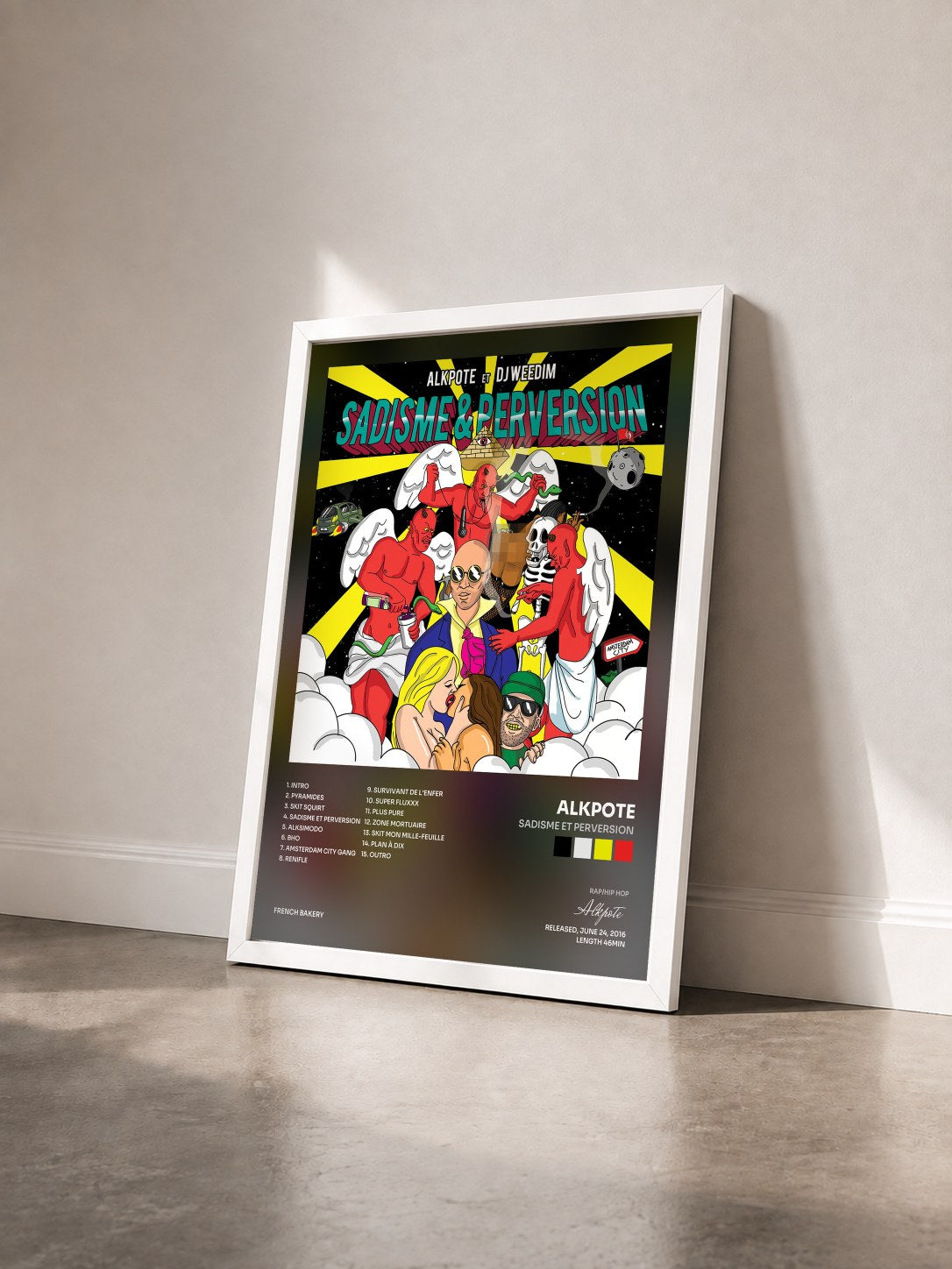 #blanc Tableau de l'album Sadisme et perversion de Alkpote vu de trois quarts, cadre blanc