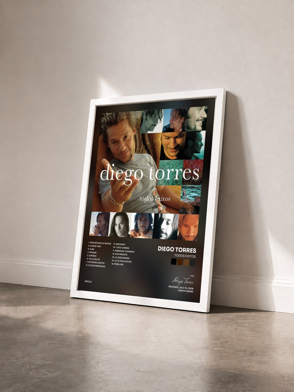 #blanc Tableau de l'album Todos Exitos de Diego Torres vu de trois quarts, cadre blanc