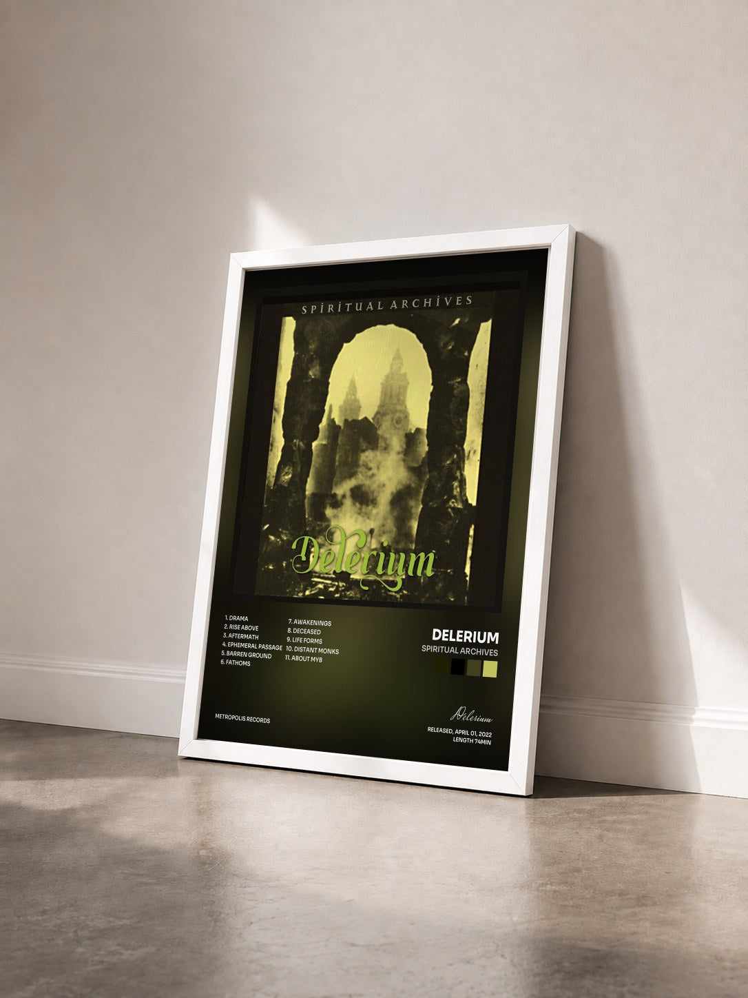 #blanc Tableau de l'album Spiritual Archives de Delerium vu de trois quarts, cadre blanc