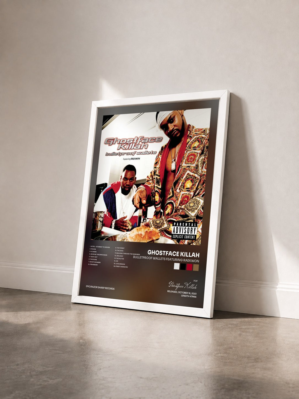 #blanc Tableau de l'album bulletproof wallets featuring raekwon de Ghostface Killah vu de trois quarts, cadre blanc