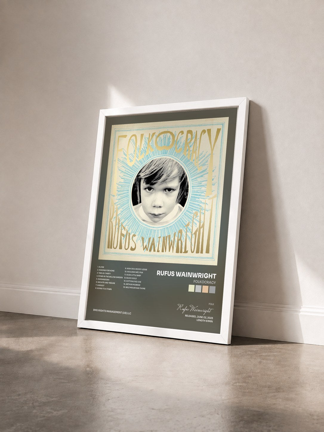 #blanc Tableau de l'album Folkocracy de Rufus Wainwright vu de trois quarts, cadre blanc