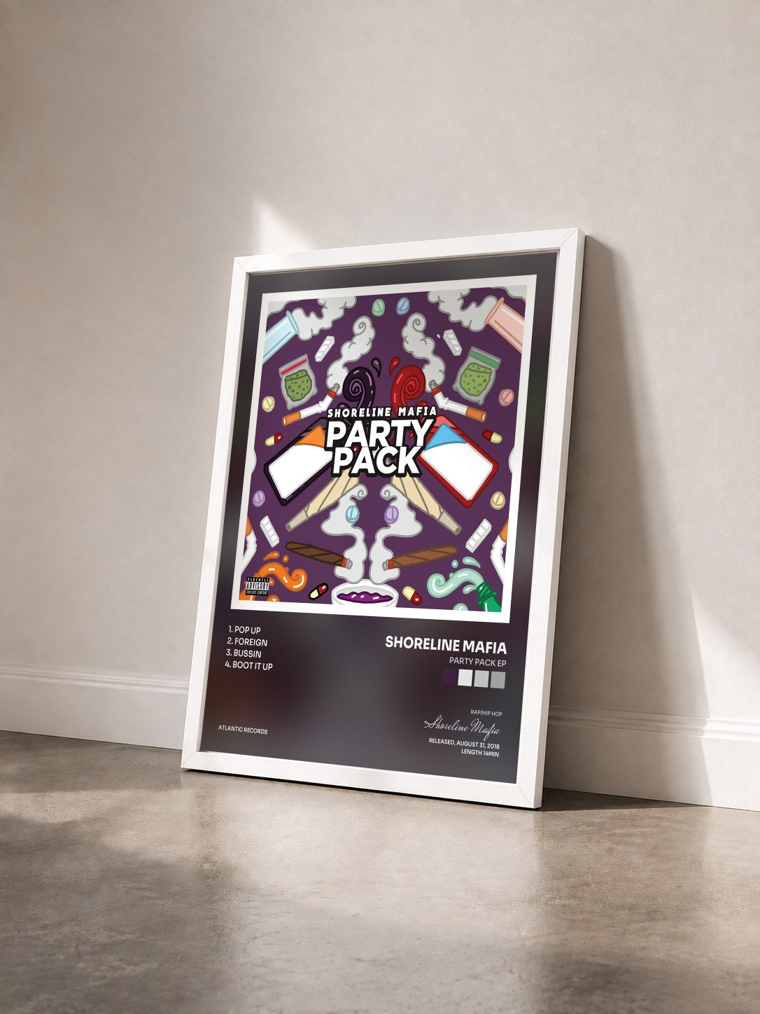 #blanc Tableau de l'album Party Pack EP de Shoreline Mafia vu de trois quarts, cadre blanc