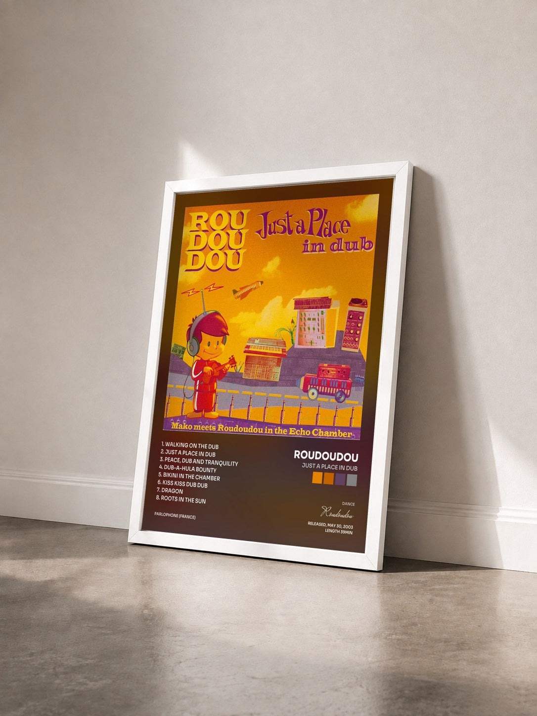 #blanc Tableau de l'album Just a Place in Dub de Roudoudou vu de trois quarts, cadre blanc
