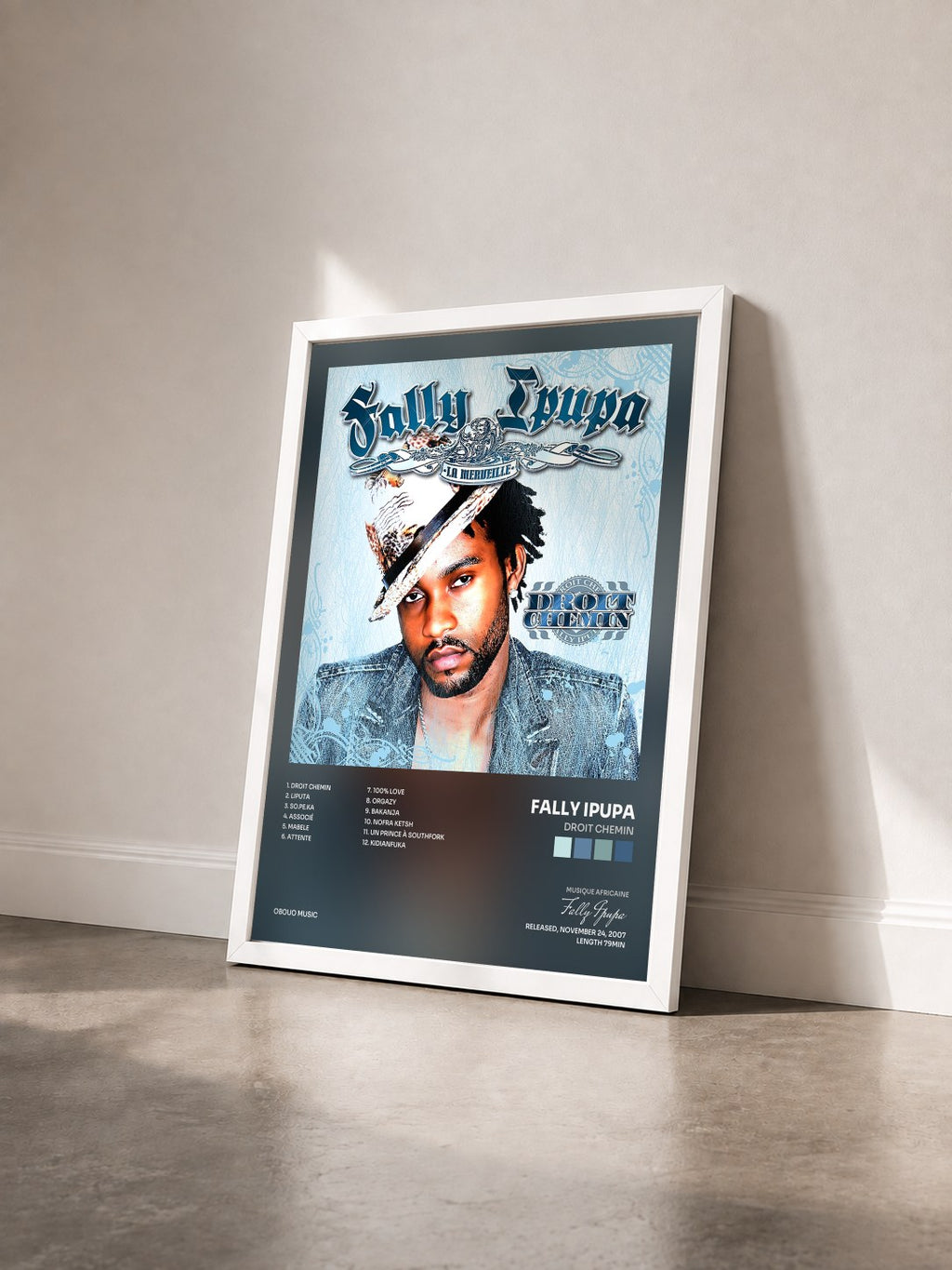 #blanc Tableau de l'album Droit Chemin de Fally Ipupa vu de trois quarts, cadre blanc