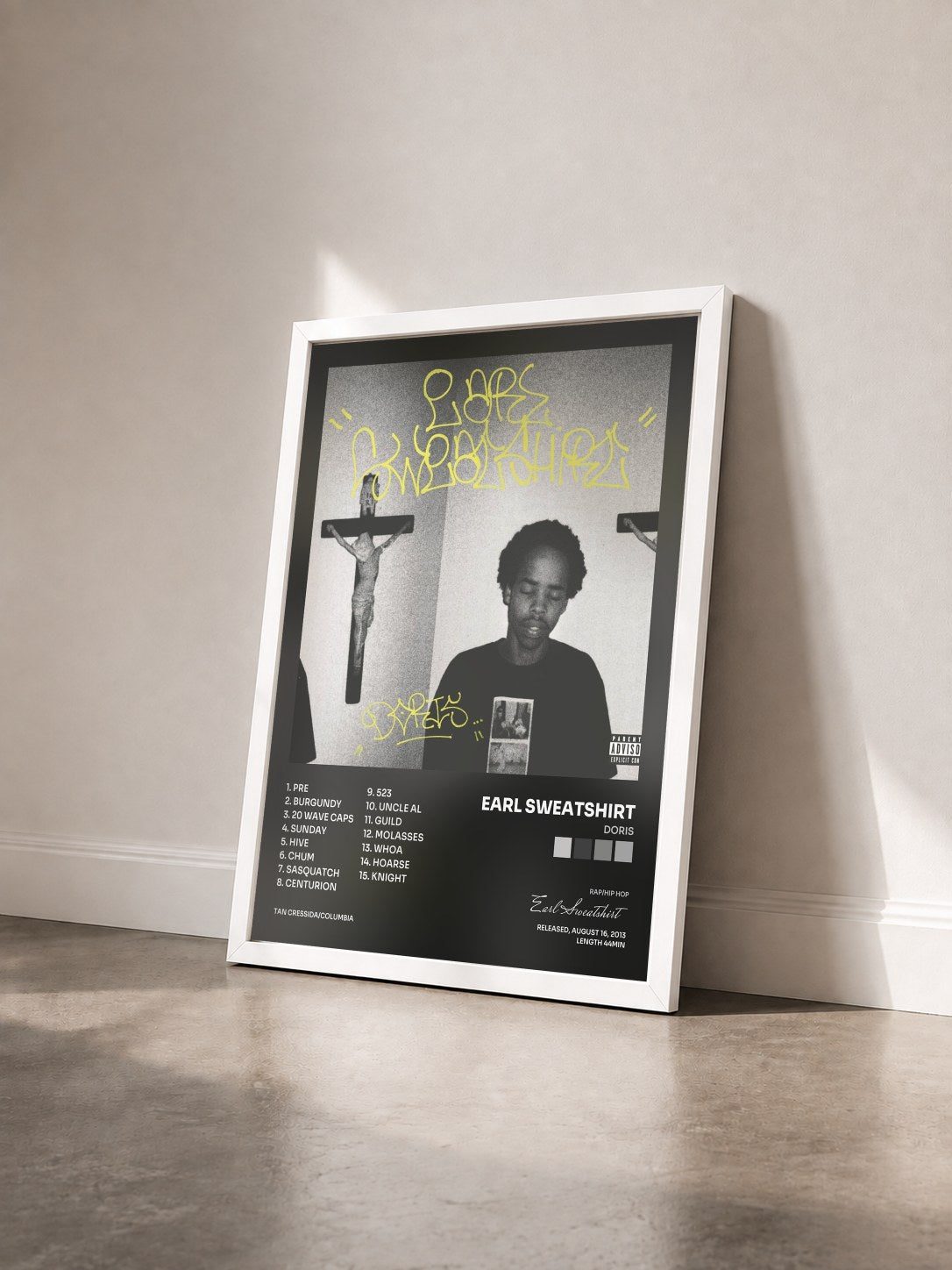 #blanc Tableau de l'album Doris de Earl Sweatshirt vu de trois quarts, cadre blanc
