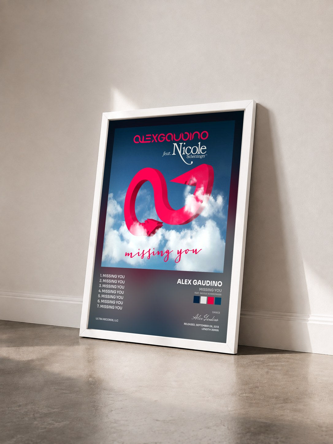#blanc Tableau de l'album Missing You (feat. Nicole Scherzinger) de Alex Gaudino vu de trois quarts, cadre blanc