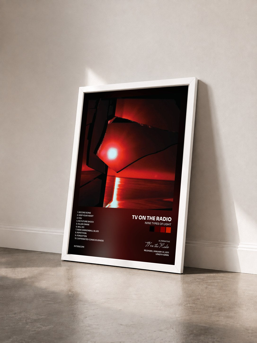 #blanc Tableau de l'album Nine Types of Light de TV on the Radio vu de trois quarts, cadre blanc