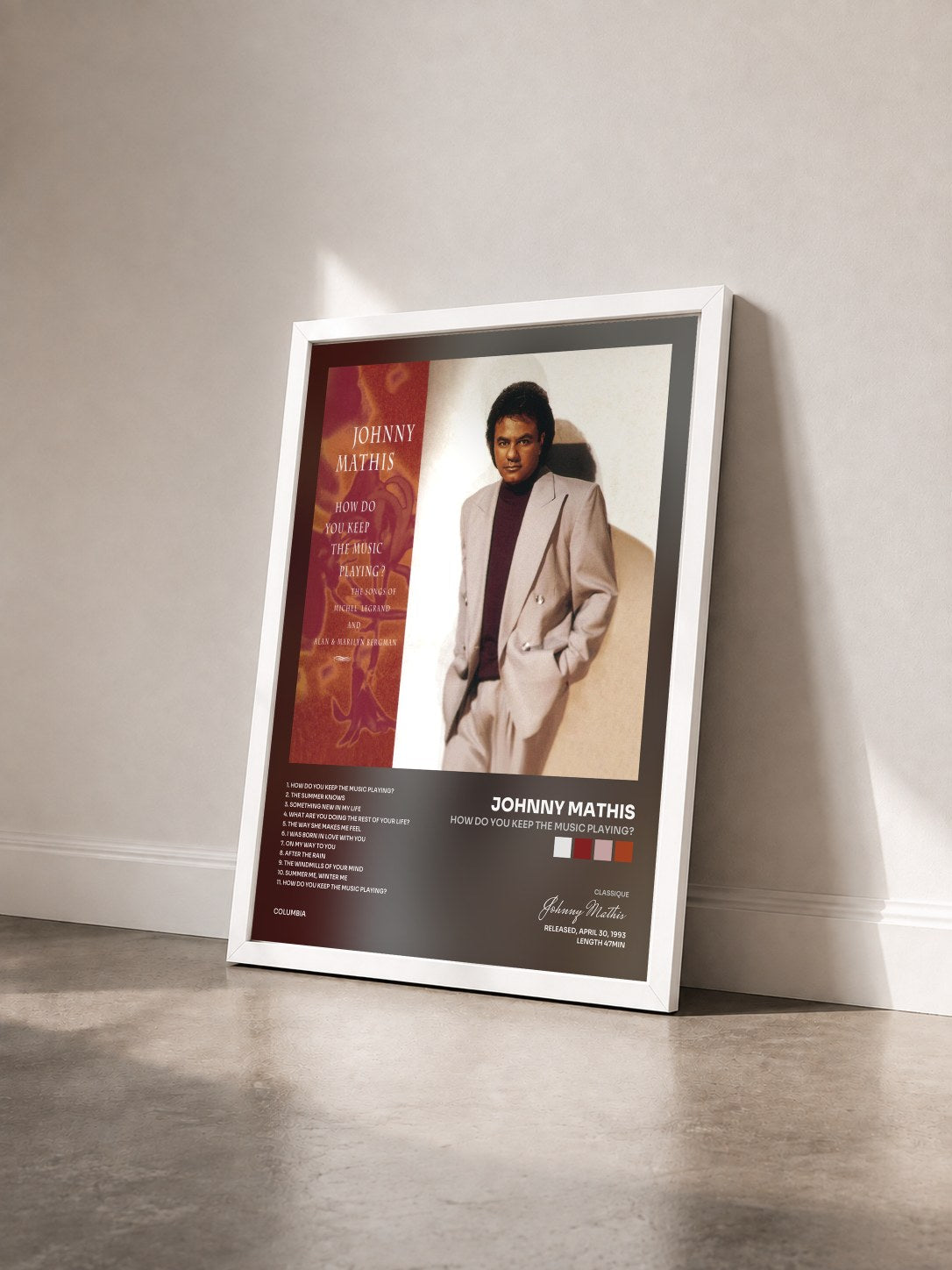 #blanc Tableau de l'album How Do You Keep The Music Playing? de Johnny Mathis vu de trois quarts, cadre blanc