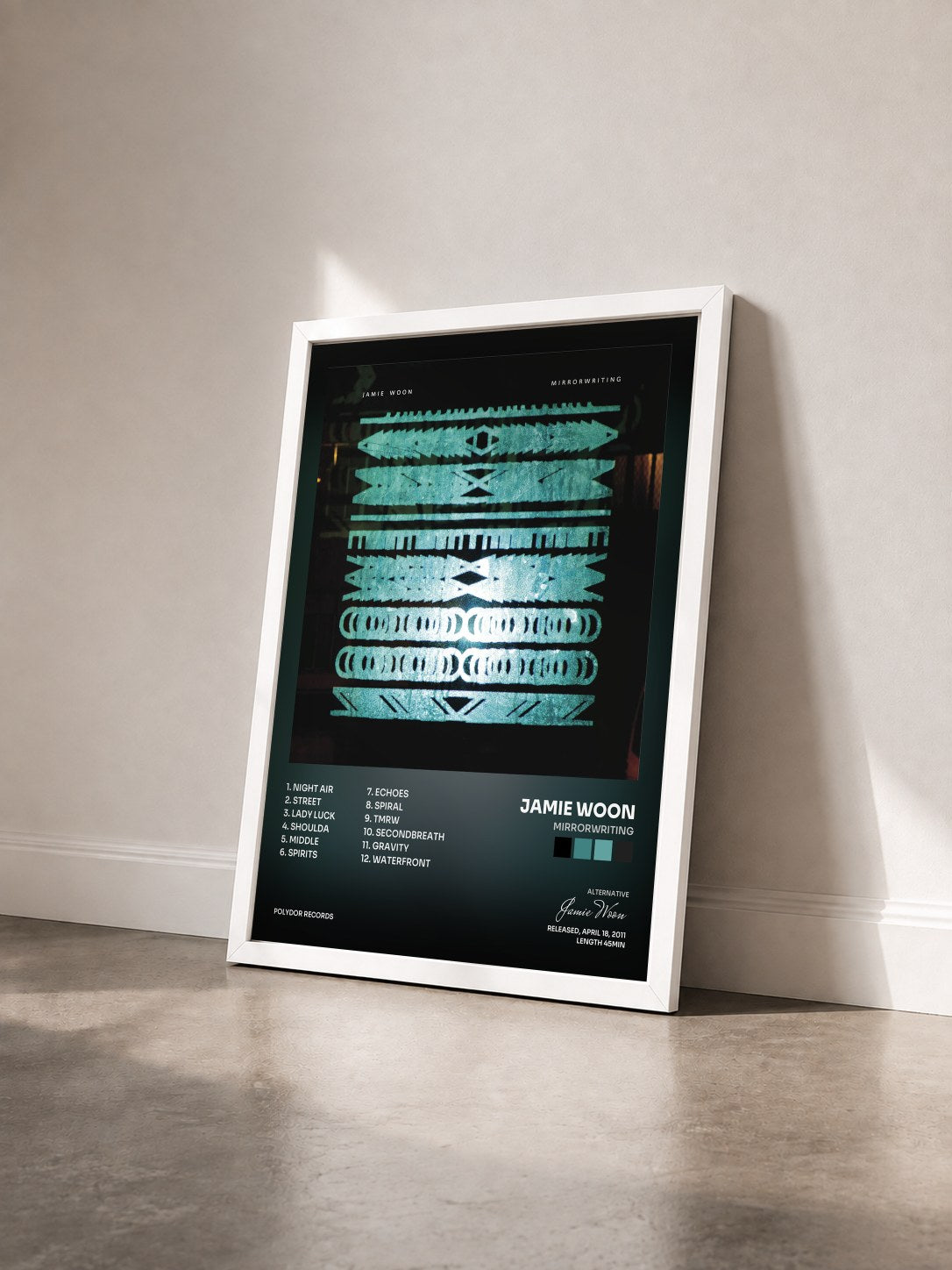 #blanc Tableau de l'album Mirrorwriting de Jamie Woon vu de trois quarts, cadre blanc