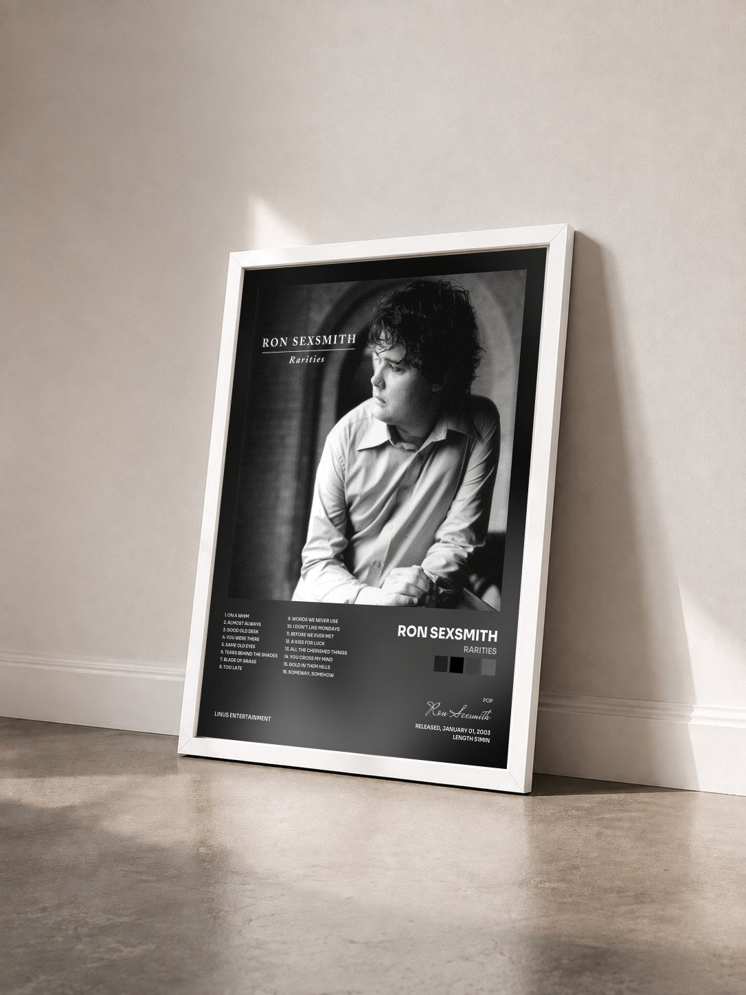 #blanc Tableau de l'album Rarities de Ron Sexsmith vu de trois quarts, cadre blanc
