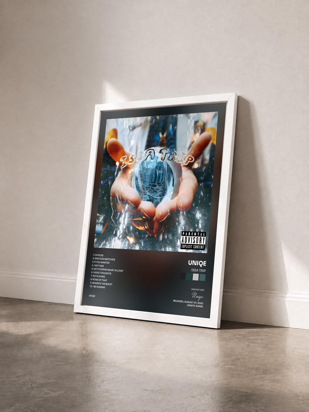 #blanc Tableau de l'album Issa Trip de Uniqe vu de trois quarts, cadre blanc