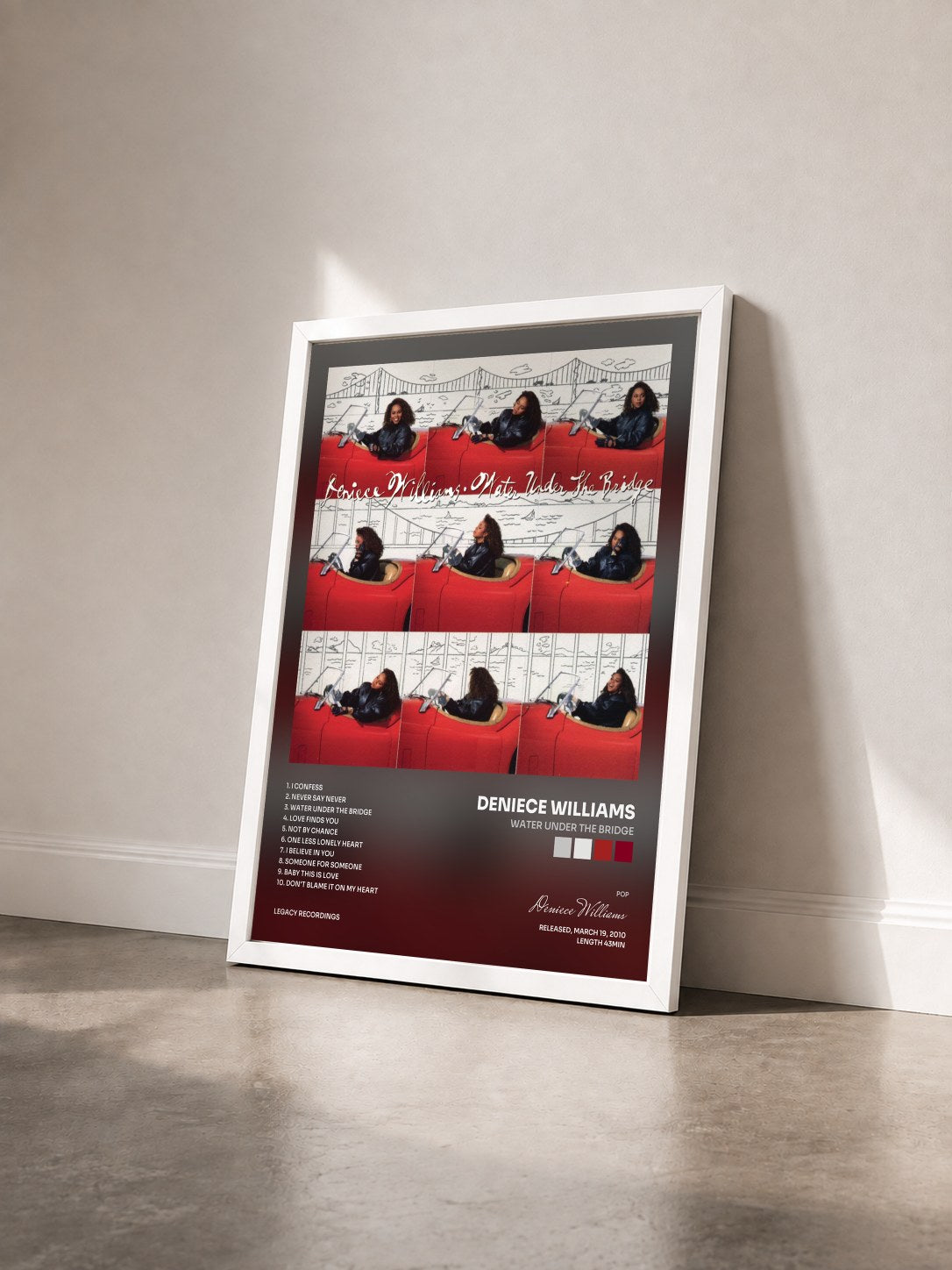 #blanc Tableau de l'album Water Under The Bridge de Deniece Williams vu de trois quarts, cadre blanc