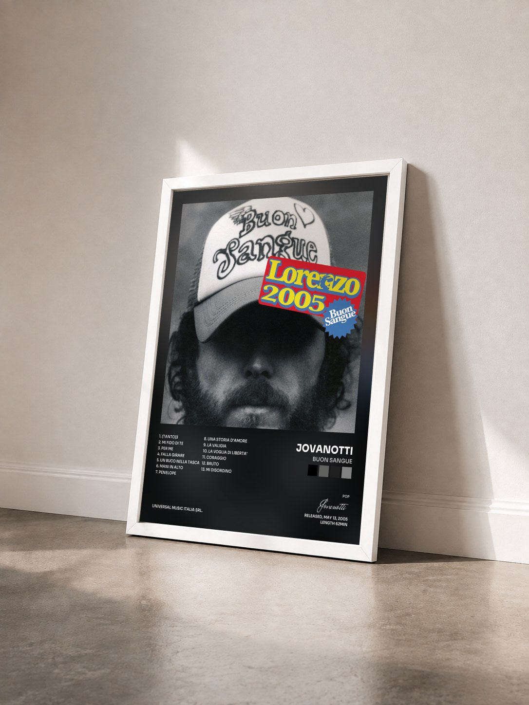 #blanc Tableau de l'album Buon Sangue de Jovanotti vu de trois quarts, cadre blanc