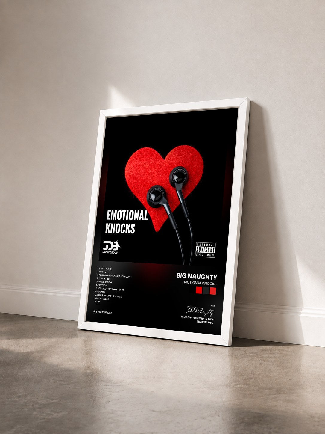 #blanc Tableau de l'album Emotional Knocks de BIG Naughty vu de trois quarts, cadre blanc
