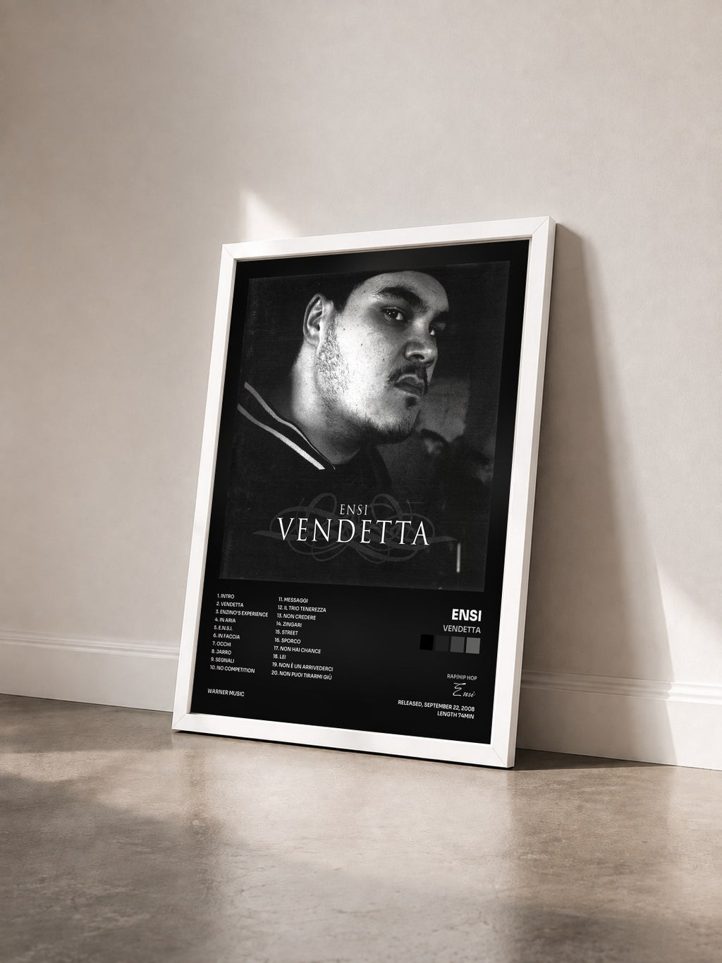 #blanc VENDETTA by Ensi as a framed art print seen at an angle, white frame
