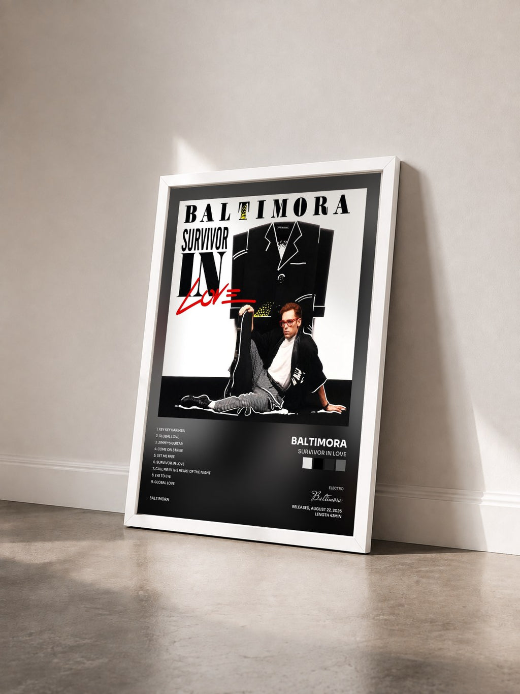 #blanc Tableau de l'album Survivor In Love de Baltimora vu de trois quarts, cadre blanc