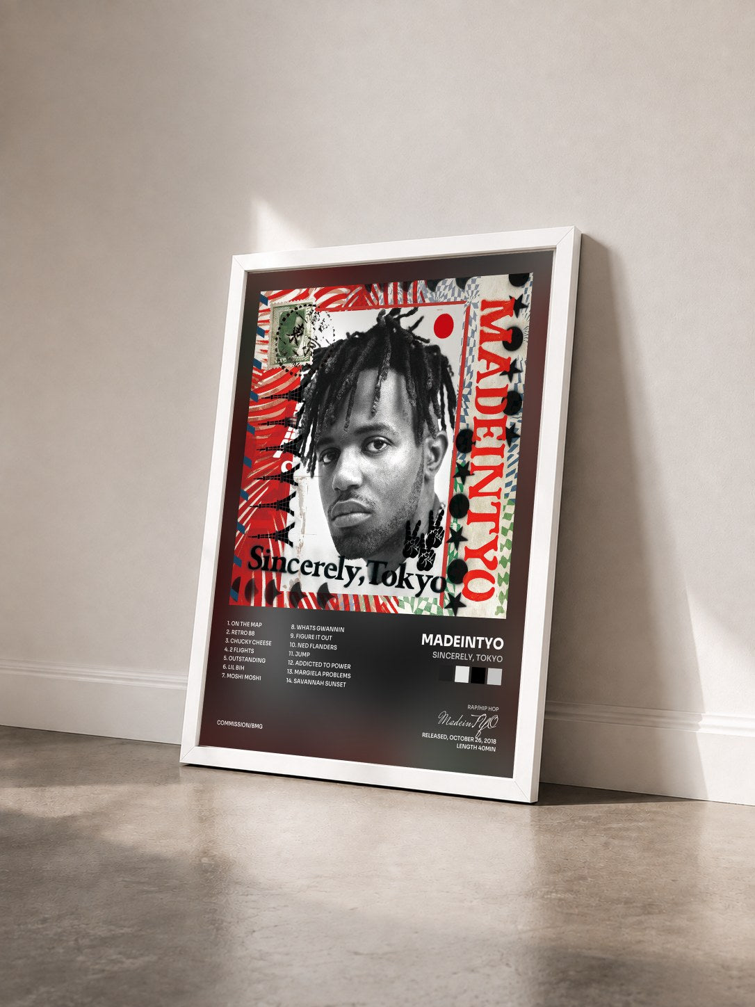 #blanc Tableau de l'album Sincerely, Tokyo de MadeinTYO vu de trois quarts, cadre blanc