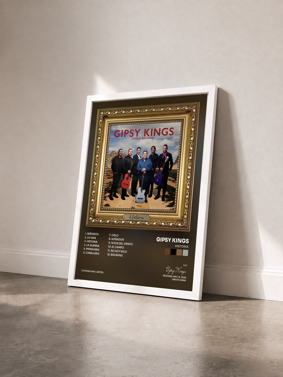 #blanc Tableau de l'album Historia de Gipsy Kings vu de trois quarts, cadre blanc