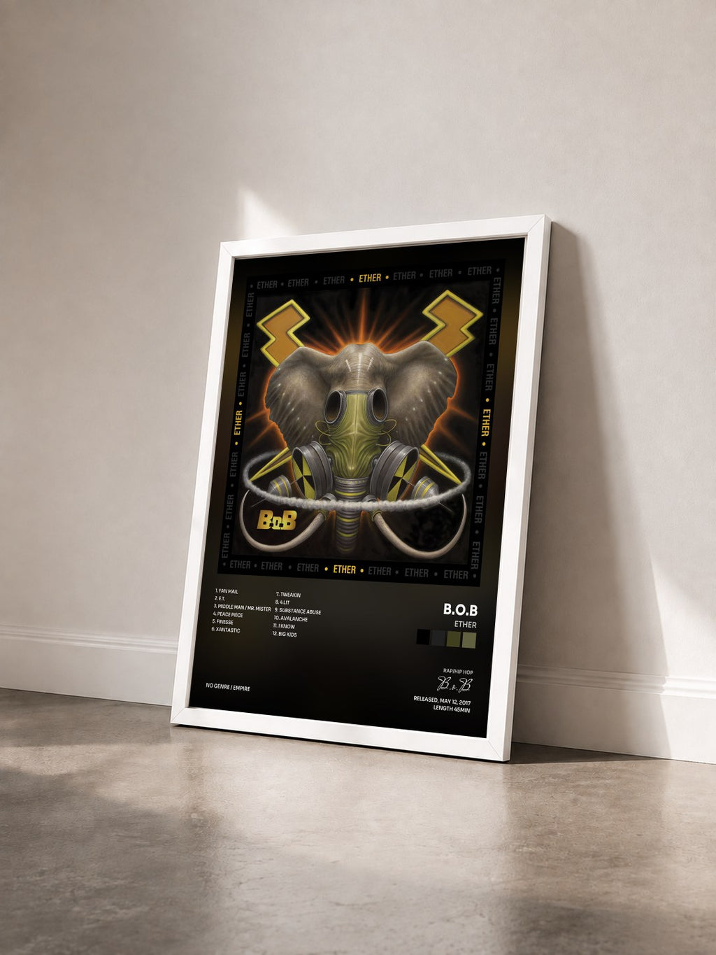 #blanc Tableau de l'album Ether de B.o.B vu de trois quarts, cadre blanc