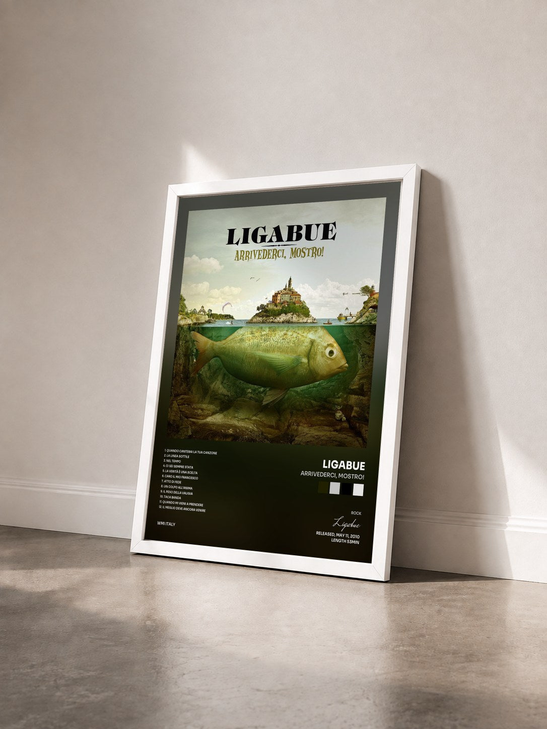 #blanc Tableau de l'album Arrivederci, mostro! de Ligabue vu de trois quarts, cadre blanc