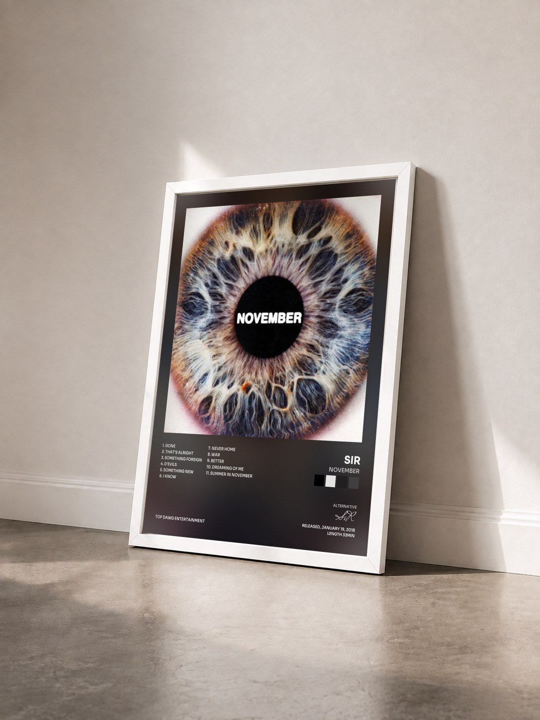 #blanc Tableau de l'album November de SiR vu de trois quarts, cadre blanc