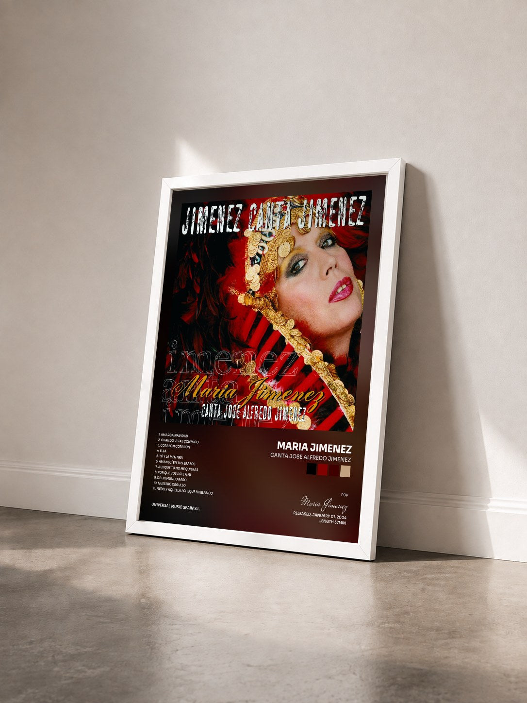 #blanc Tableau de l'album Canta Jose Alfredo Jimenez de Maria Jimenez vu de trois quarts, cadre blanc