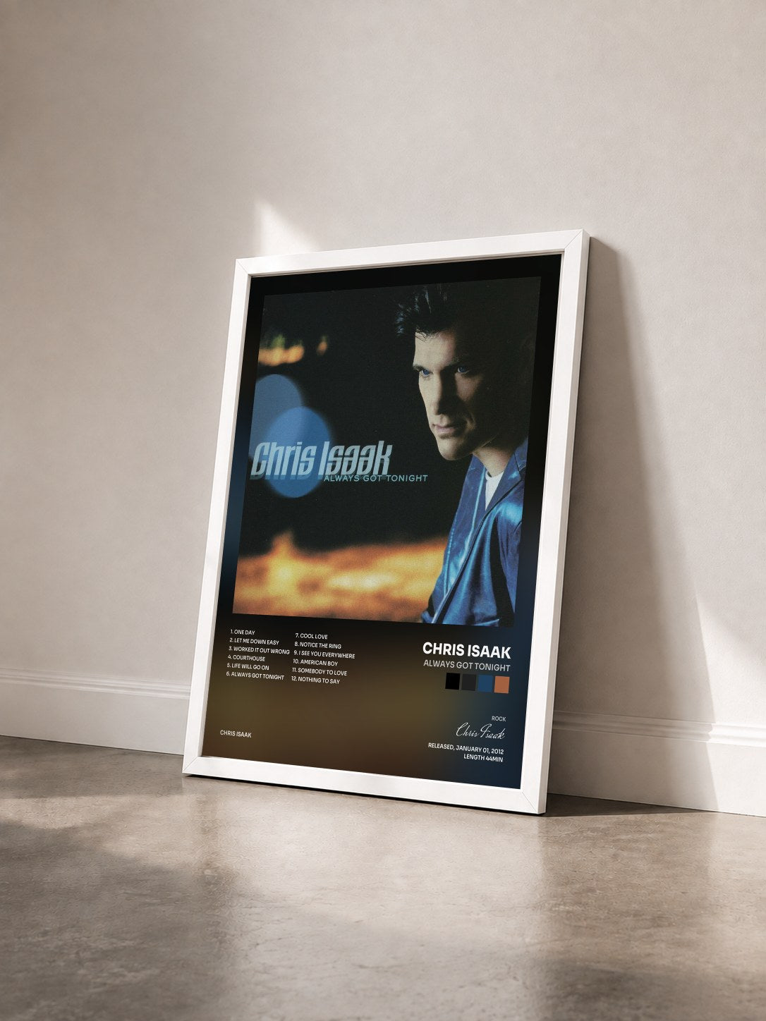 #blanc Tableau de l'album Always Got Tonight de Chris Isaak vu de trois quarts, cadre blanc