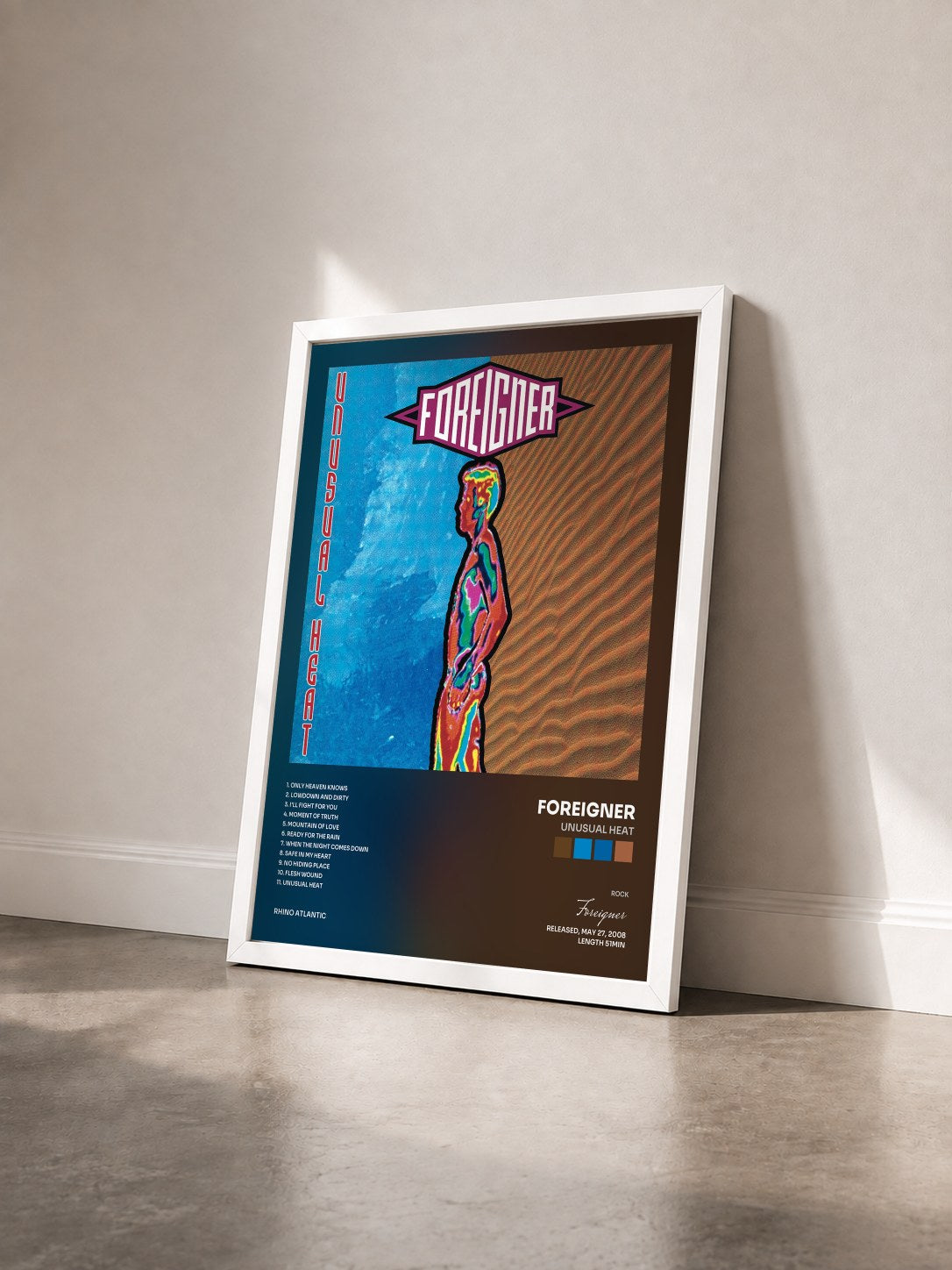 #blanc Tableau de l'album Unusual Heat de Foreigner vu de trois quarts, cadre blanc