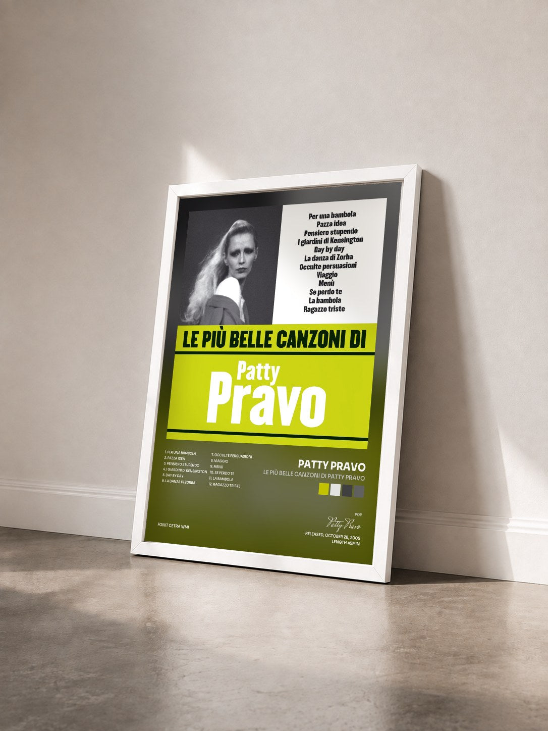 #blanc Tableau de l'album Le più belle canzoni di Patty Pravo de Patty Pravo vu de trois quarts, cadre blanc
