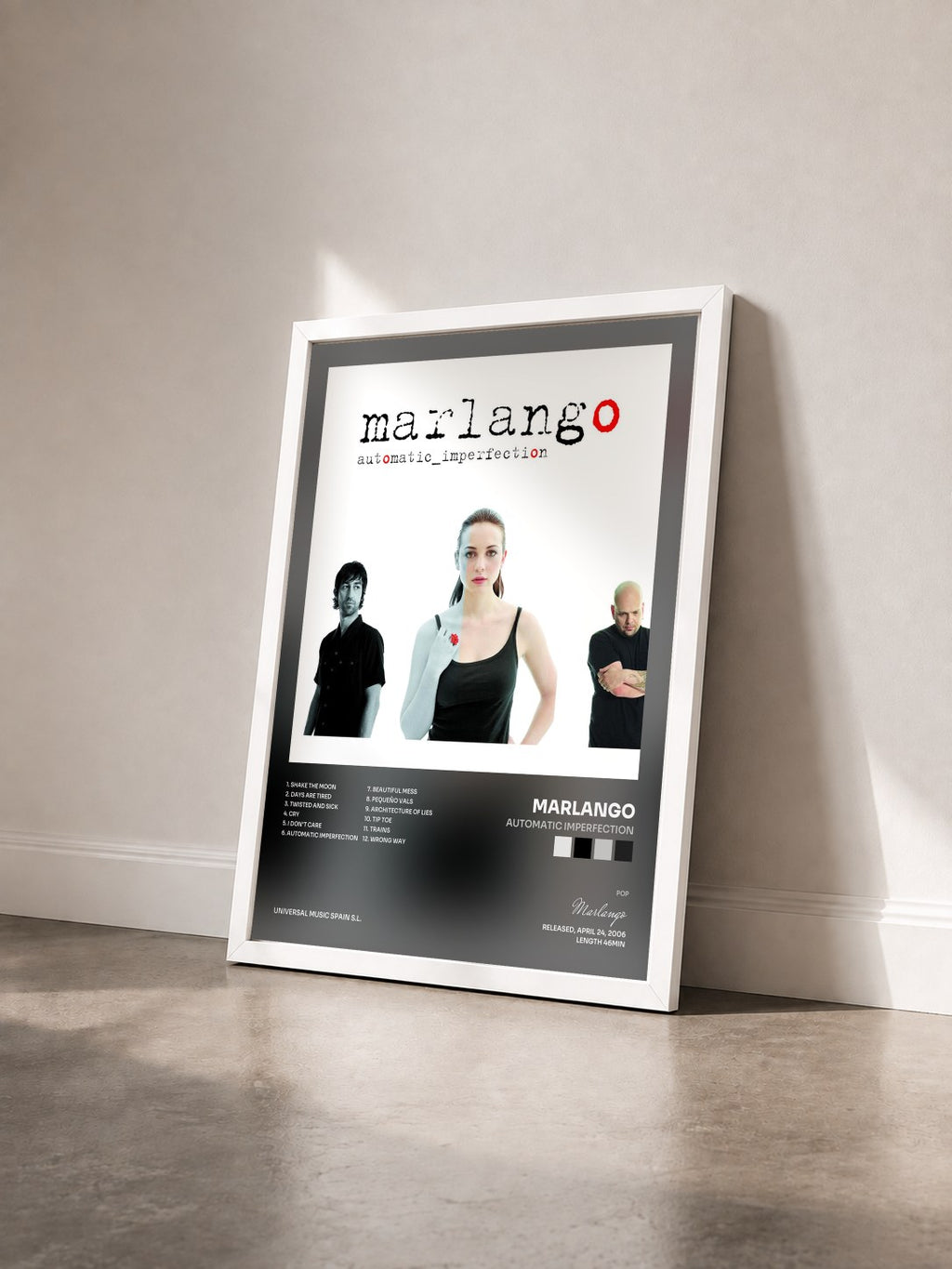 #blanc Tableau de l'album Automatic Imperfection de Marlango vu de trois quarts, cadre blanc