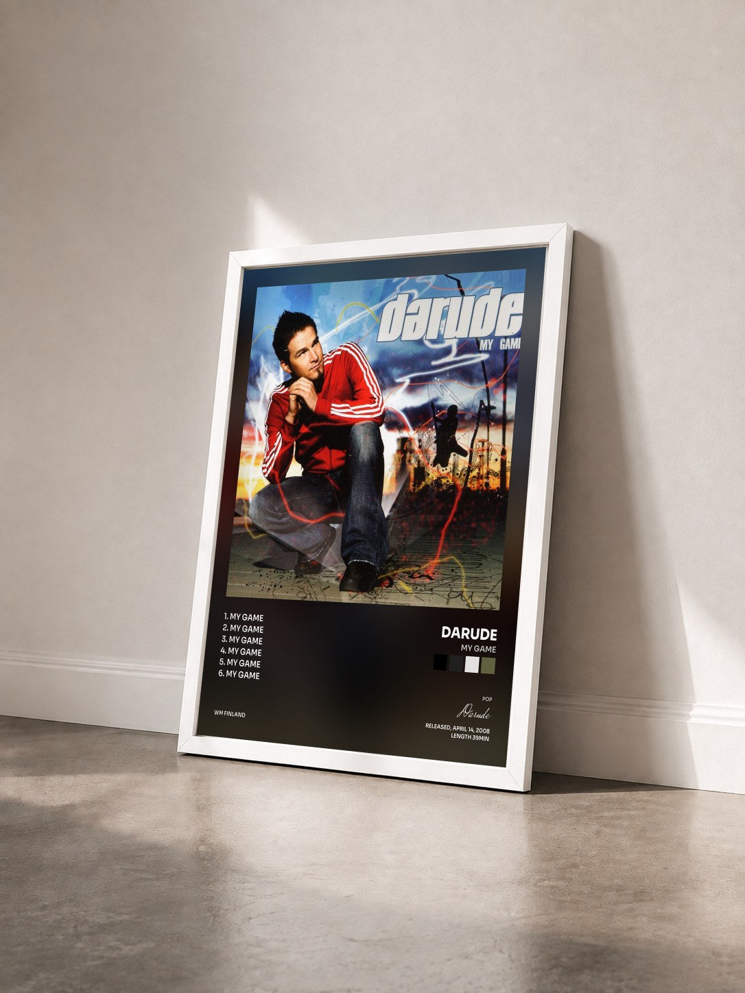 #blanc Tableau de l'album My Game de Darude vu de trois quarts, cadre blanc