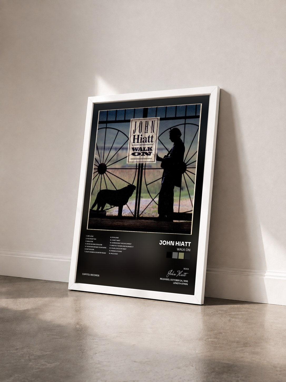 #blanc Tableau de l'album Walk On de John Hiatt vu de trois quarts, cadre blanc