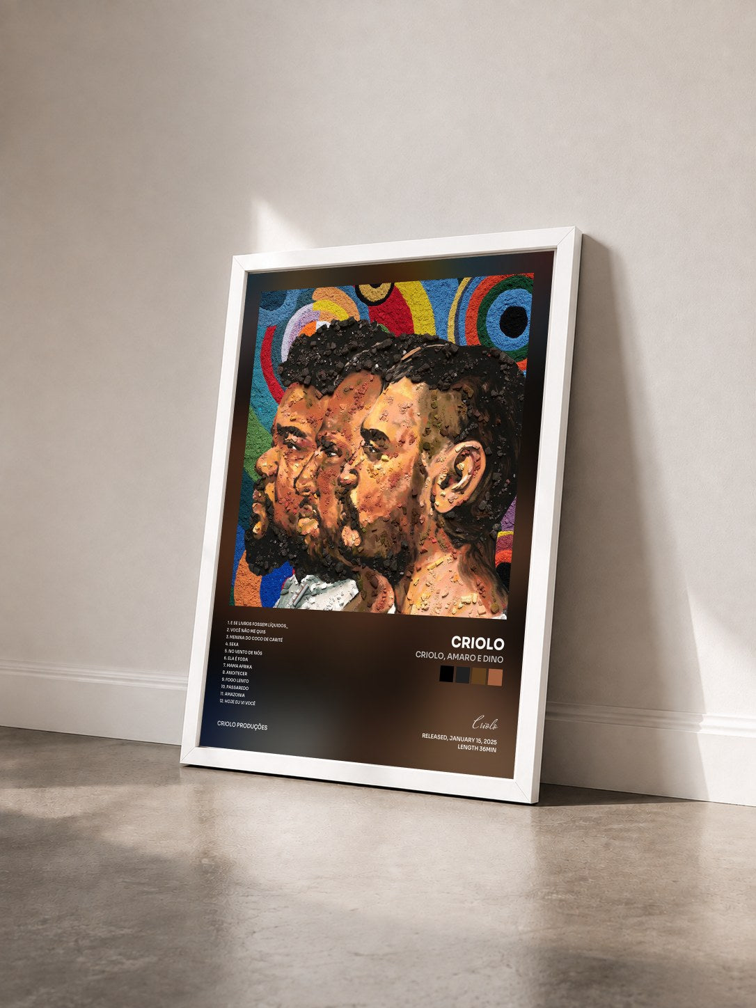 #blanc Tableau de l'album CRIOLO, AMARO E DINO de Criolo vu de trois quarts, cadre blanc