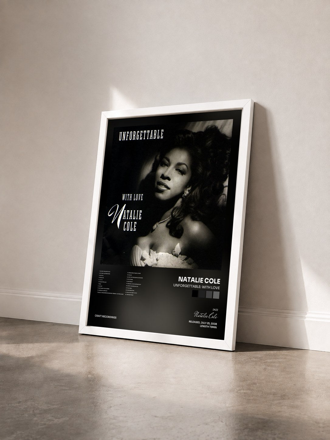 #blanc Tableau de l'album Unforgettable: With Love de Natalie Cole vu de trois quarts, cadre blanc