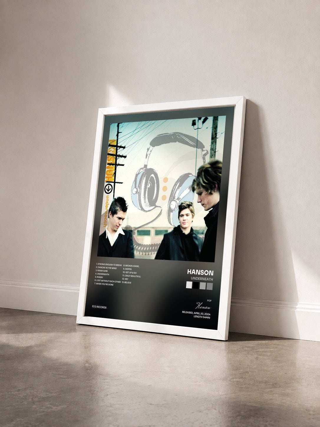 #blanc Tableau de l'album Underneath de Hanson vu de trois quarts, cadre blanc