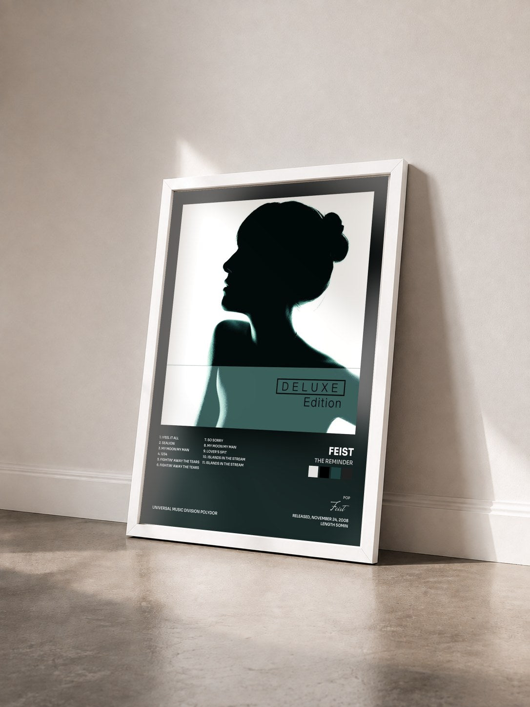 #blanc Tableau de l'album The Reminder de Feist vu de trois quarts, cadre blanc