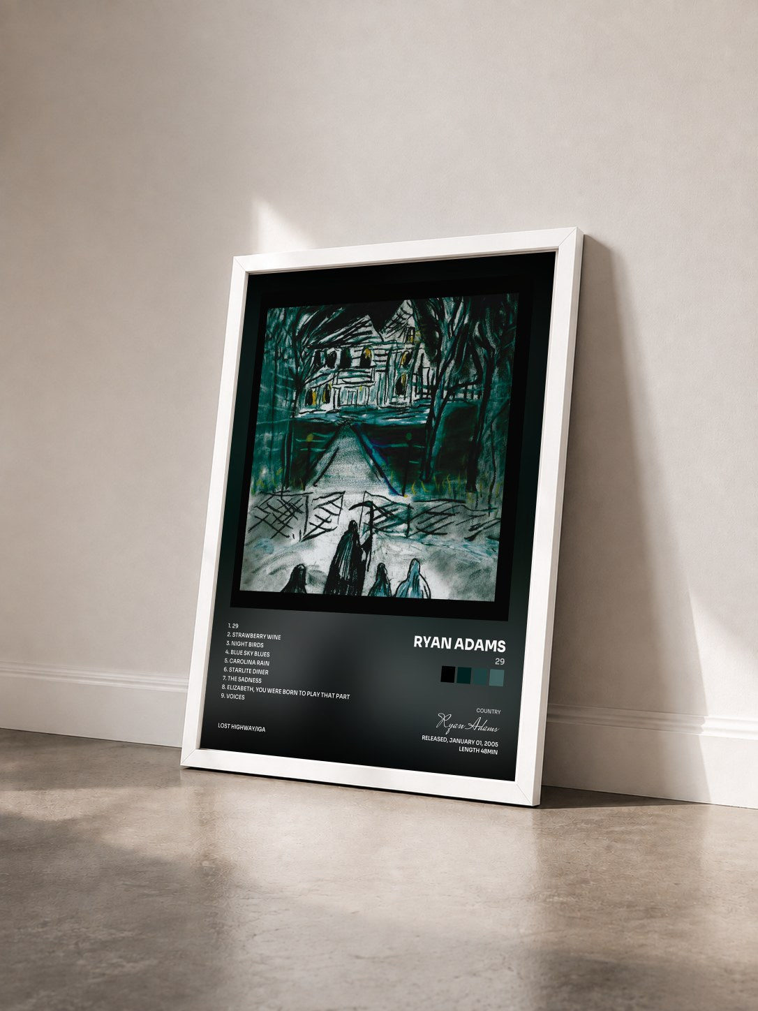 #blanc Tableau de l'album 29 de Ryan Adams vu de trois quarts, cadre blanc