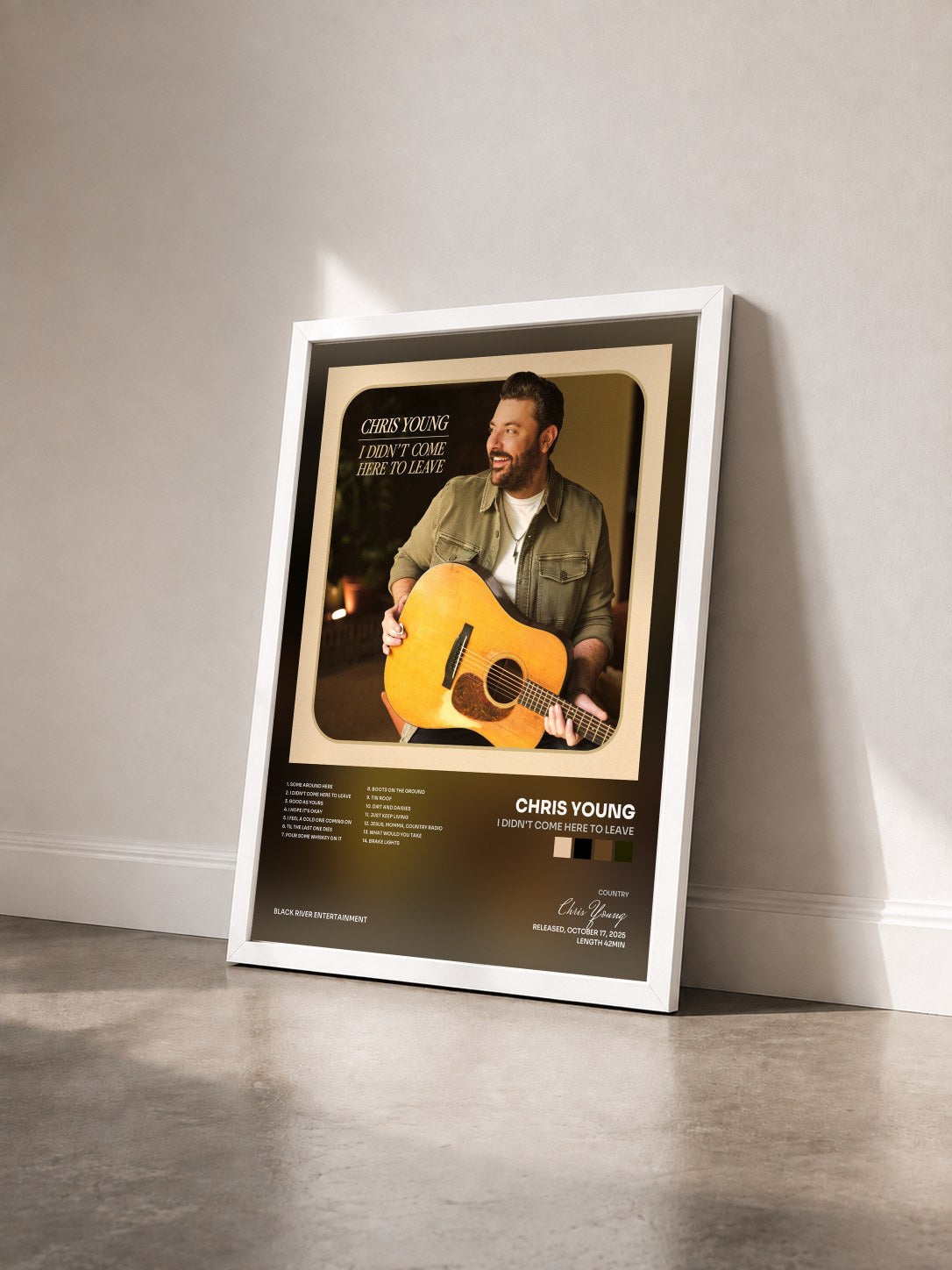 #blanc Tableau de l'album I Didn't Come Here To Leave de Chris Young vu de trois quarts, cadre blanc