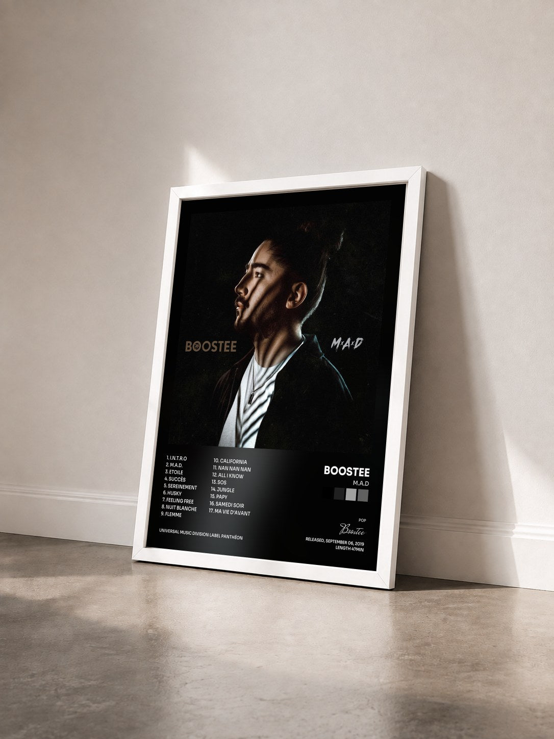 #blanc Tableau de l'album M.A.D de Boostee vu de trois quarts, cadre blanc